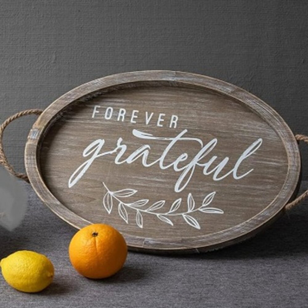 Creative Home Rustic Serving Tray~Oval w/Handles ~ "Forever Grateful" Sentiment